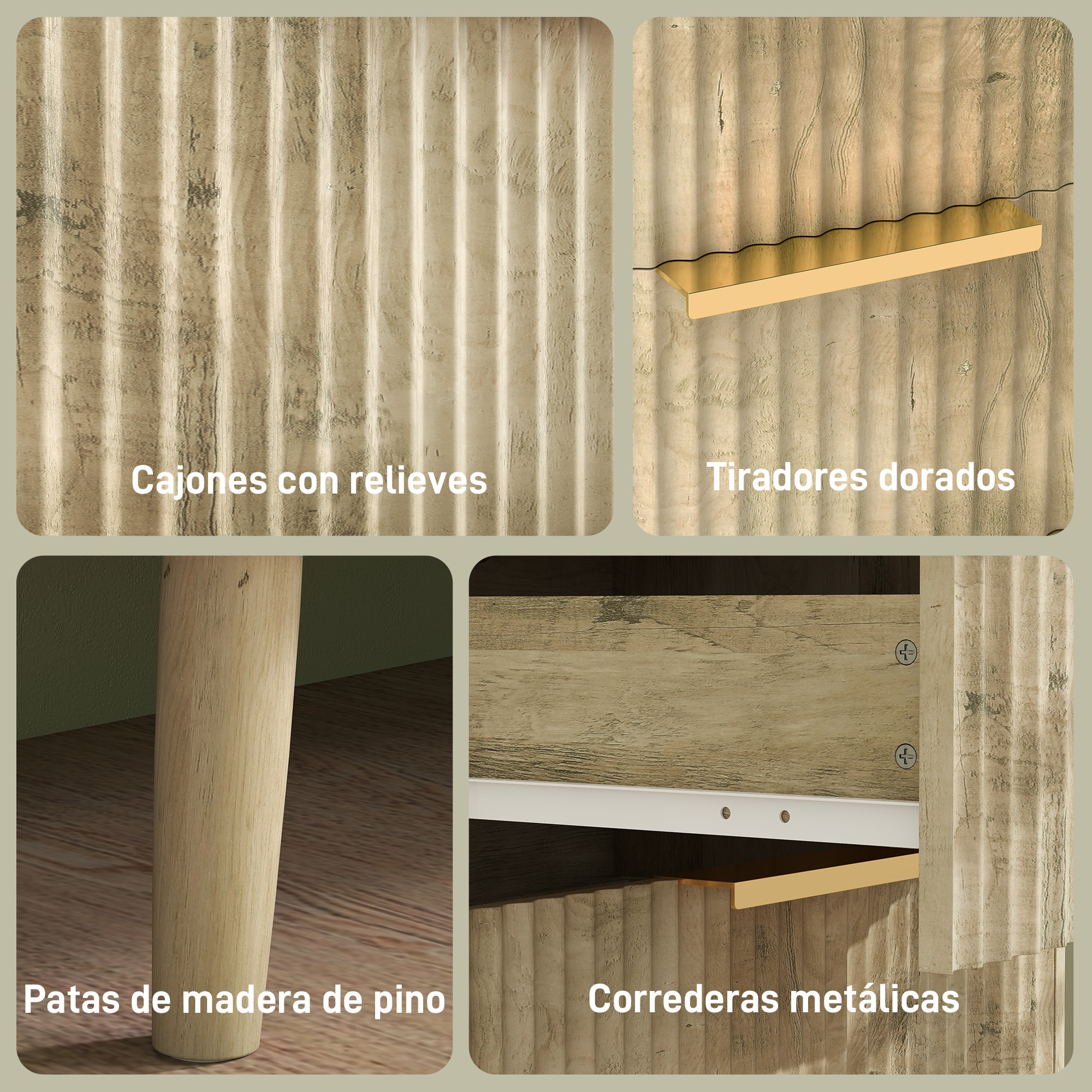 Cómoda de 6 Cajones Cómoda para Dormitorio con Diseño Estriado y Patas de Madera Cajonera para Salón Pasillo 62x35x105 cm Roble