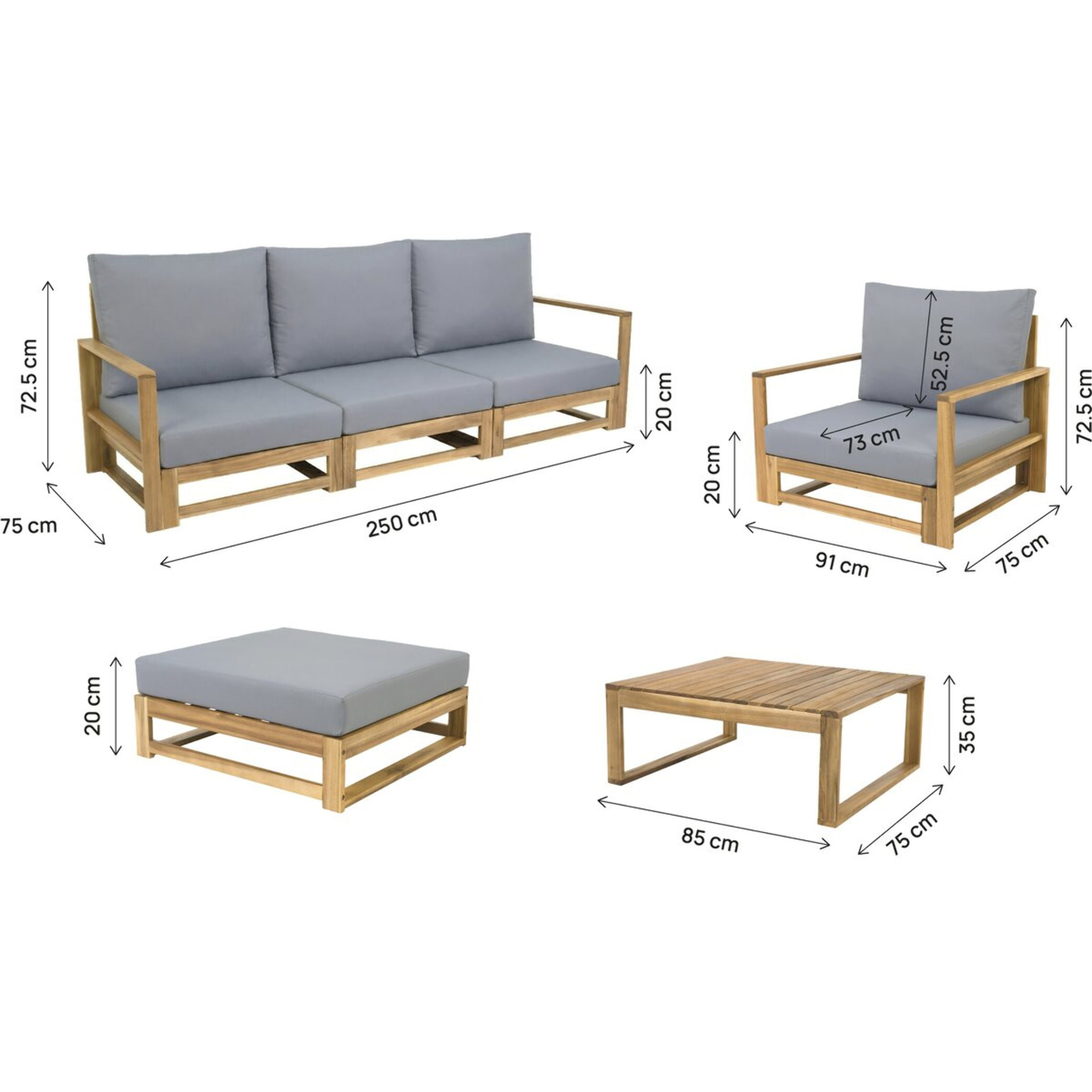 Salon de jardin en bois d'acacia avec coussins "Bellingham" - 5 places - Gris
