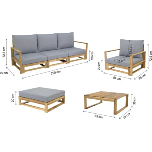Salon de jardin en bois d'acacia avec coussins "Bellingham" - 5 places - Gris