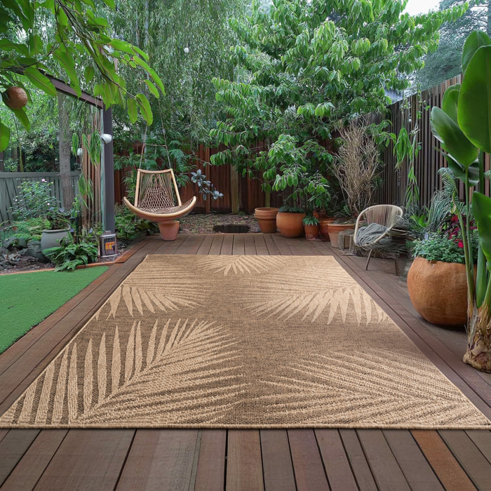 LINORA - Tapis intérieur/extérieur beige effet jute à motif feuille