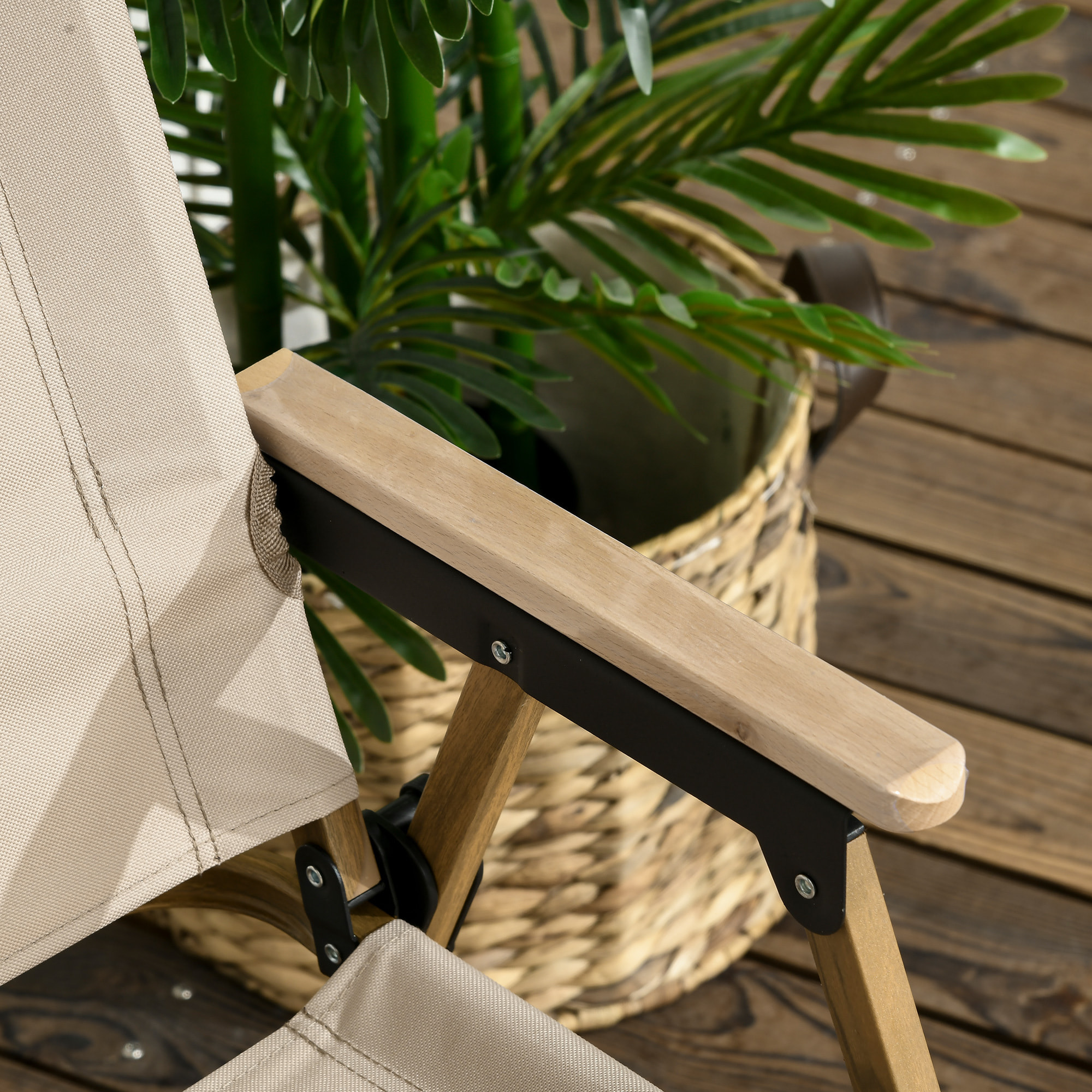 Chaise de plage camping pliante - poignée - structure acier aspect bois oxford beige