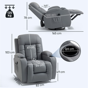 Sillón de Masaje Giratorio, Sillón Relax Reclinable con 8 Puntos de Masaje, Función Calefacción Lumbar, Mando a Distancia, Tapizado en PU, Reposapiés, Bolsillo Lateral, Función Basculante Gris