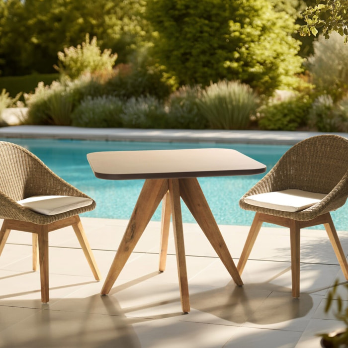 NESTOR - Table à manger carrée 90x90cm effet béton marron pied bois d'acacia