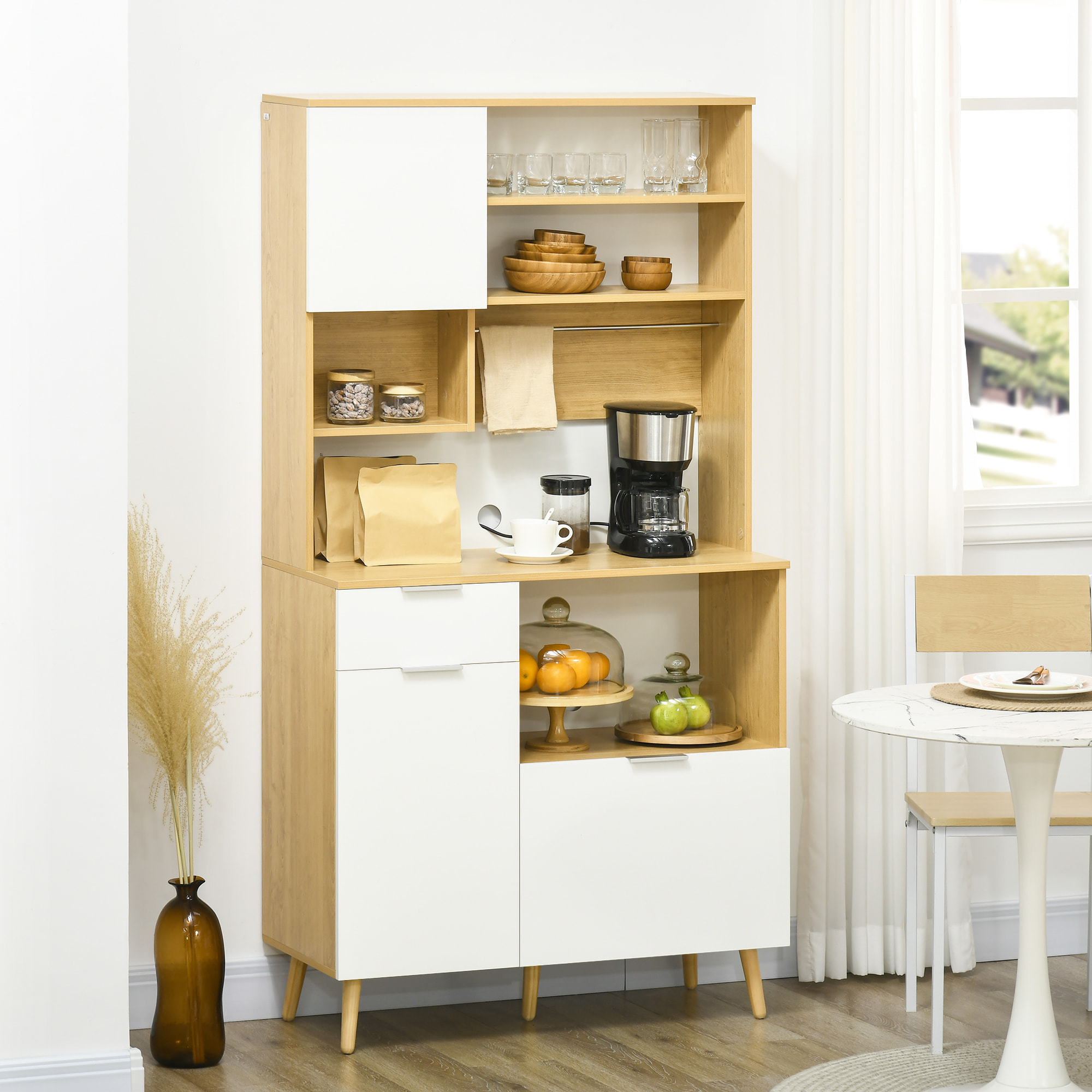 Alacena de Cocina Aparador Alto Mueble Auxiliar de Cocina con 3 Puertas Cajón Estante Ajustable Encimera para Microondas y Toallero 93x40x180 cm Natural y Blanco