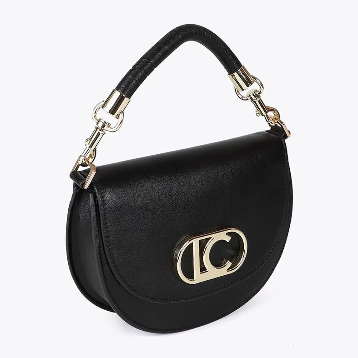 Tracolla a mezza luna con patta, manico intrecciato e dettagli metallici