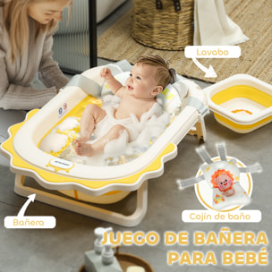 Bañera Plegable Bebés con Cojín y Palangana 80,5x55x20 cm Bañera Bebé 0-3 Años con Patas Almohadillas Antideslizantes Orificio de Drenaje y Agujero de Ducha Amarillo