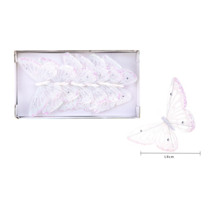 Farfalle Glitter 6 Pz con Clip - Pezzi 3 - Colore Bianco - 9x15Hx3cm - Bianchi Dino