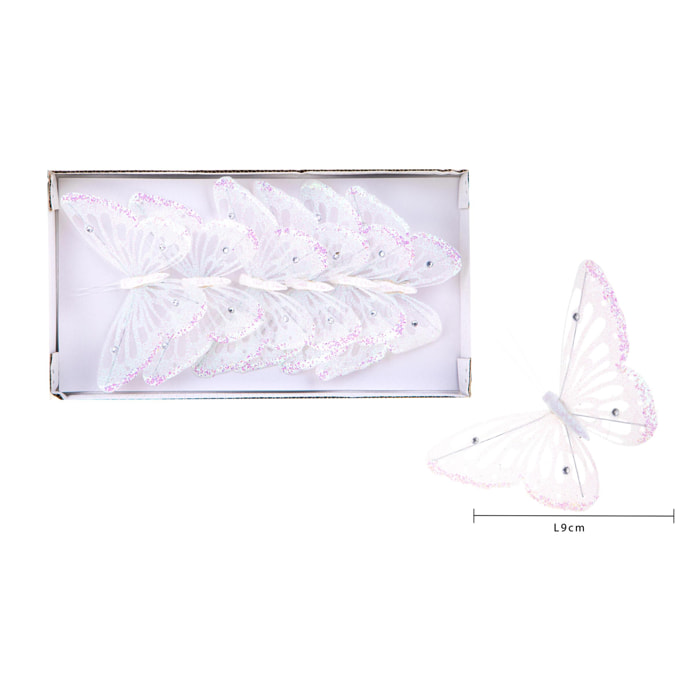 Farfalle Glitter 6 Pz con Clip - Pezzi 3 - Colore Bianco - 9x15Hx3cm - Bianchi Dino