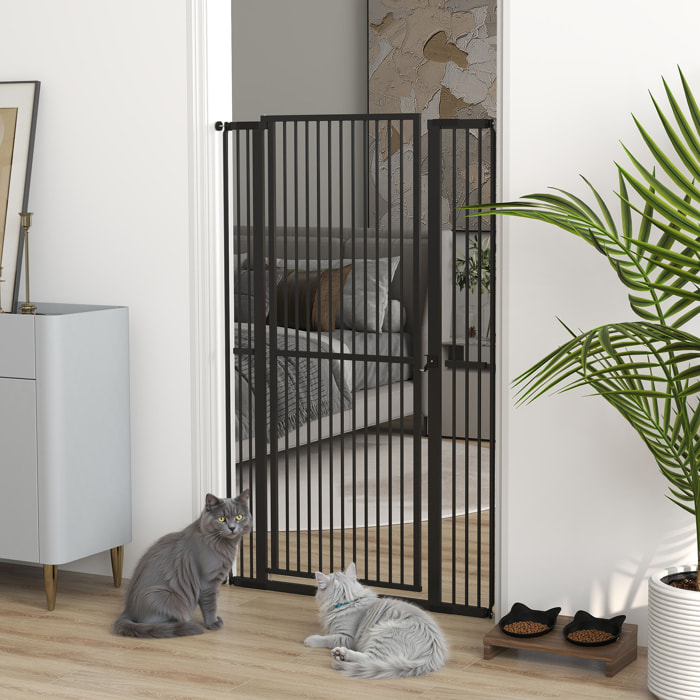Barrera de Seguridad para Perros y Gatos Extra Alta 150 cm, Barrera para Perros Extensible 77-104 cm para Puertas y Escaleras, con Montaje a Presión, 2 Extensiones y Puerta de Paso, Negro