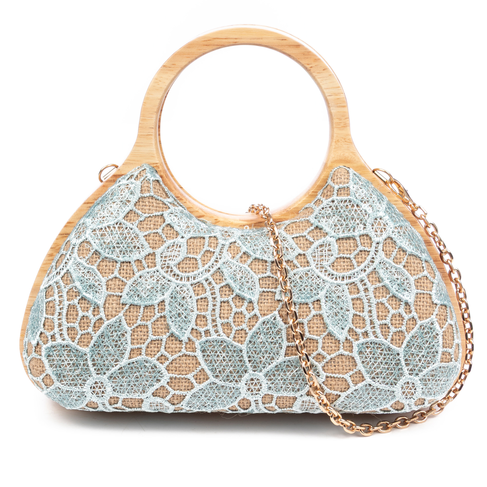 Avisio bolso de mano fabricado en madera natural, algodón y jute con diseño malla de tejido floral