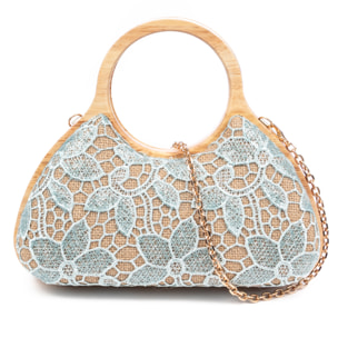 Avisio bolso de mano fabricado en madera natural, algodón y jute con diseño malla de tejido floral
