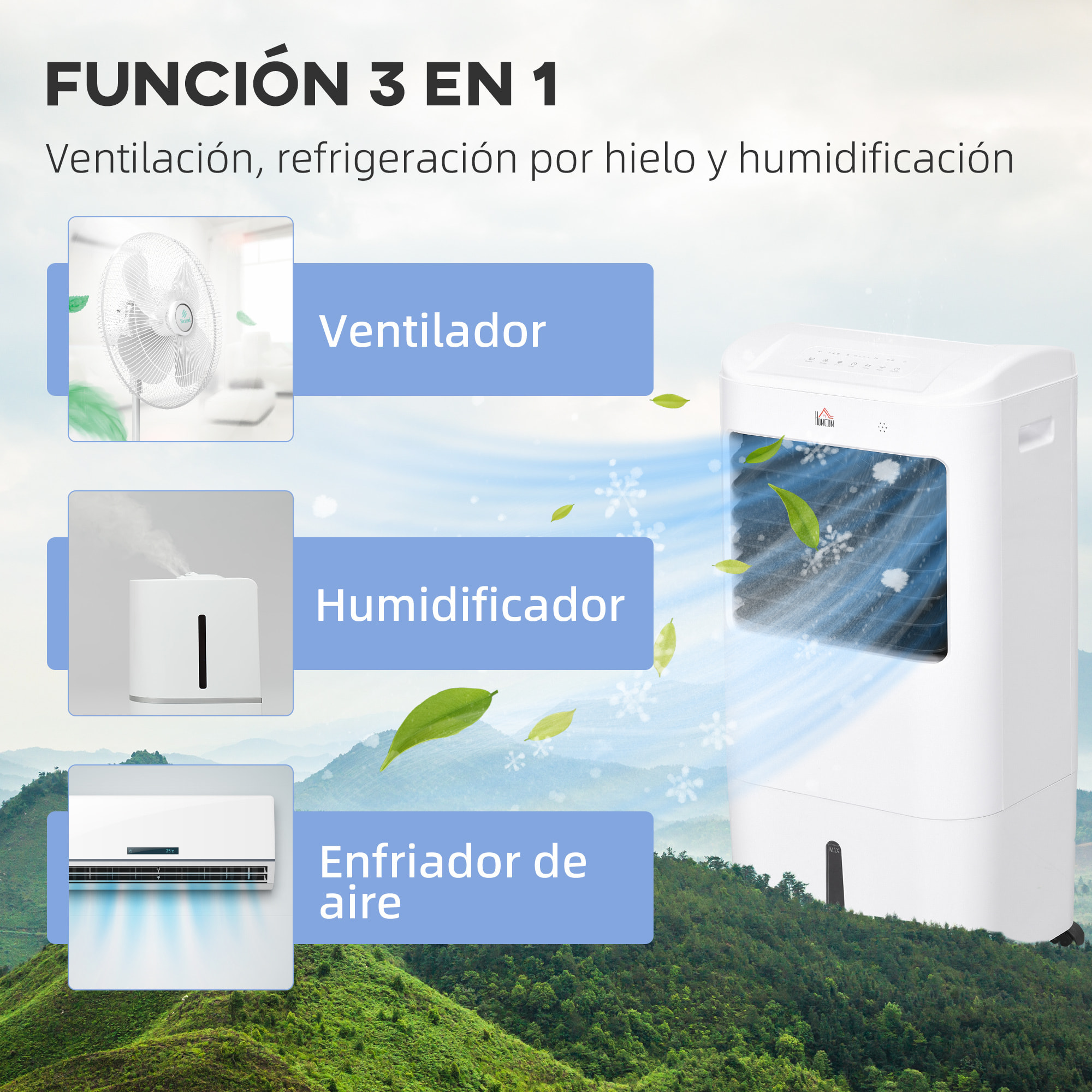 Enfriador de Aire Portátil 3 en 1 Climatizador Evaporativo Oscilante con 3 Velocidades Control Remoto Temporizador 7,5h Pantalla LED Tanque de Agua 15L Efecto 15-20 ㎡ 37x32x78 cm Blanco