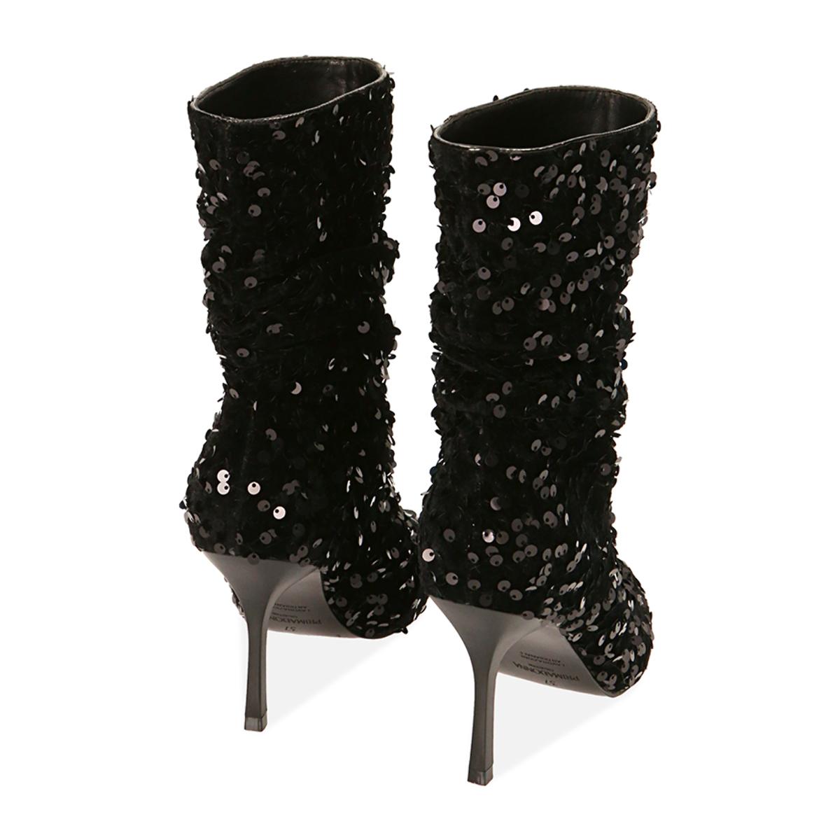 Ankle boots neri con paillettes, tacco 8,5 cm