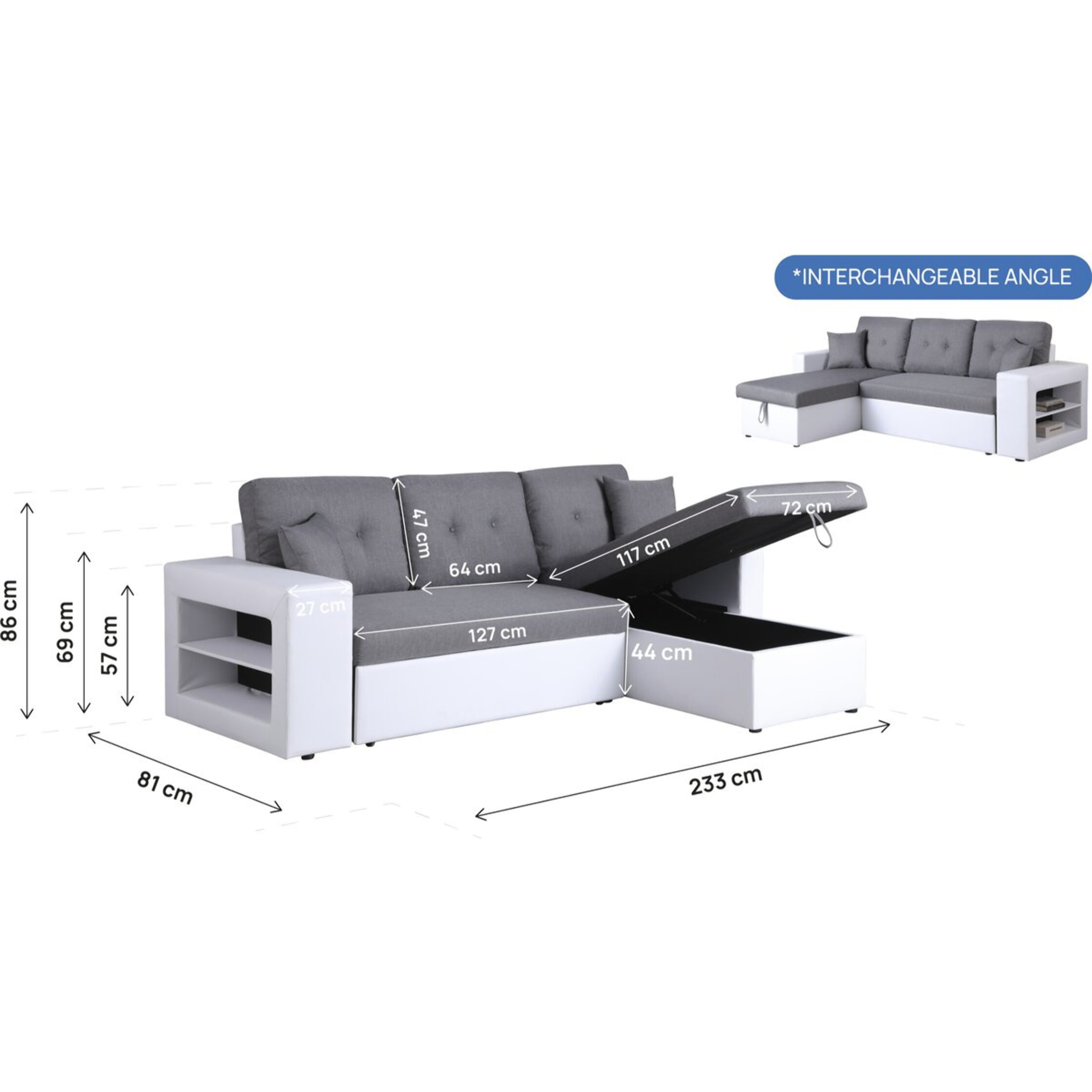 Canapé d'angle convertible/réversible "Axel" - 3 places - Blanc/Gris