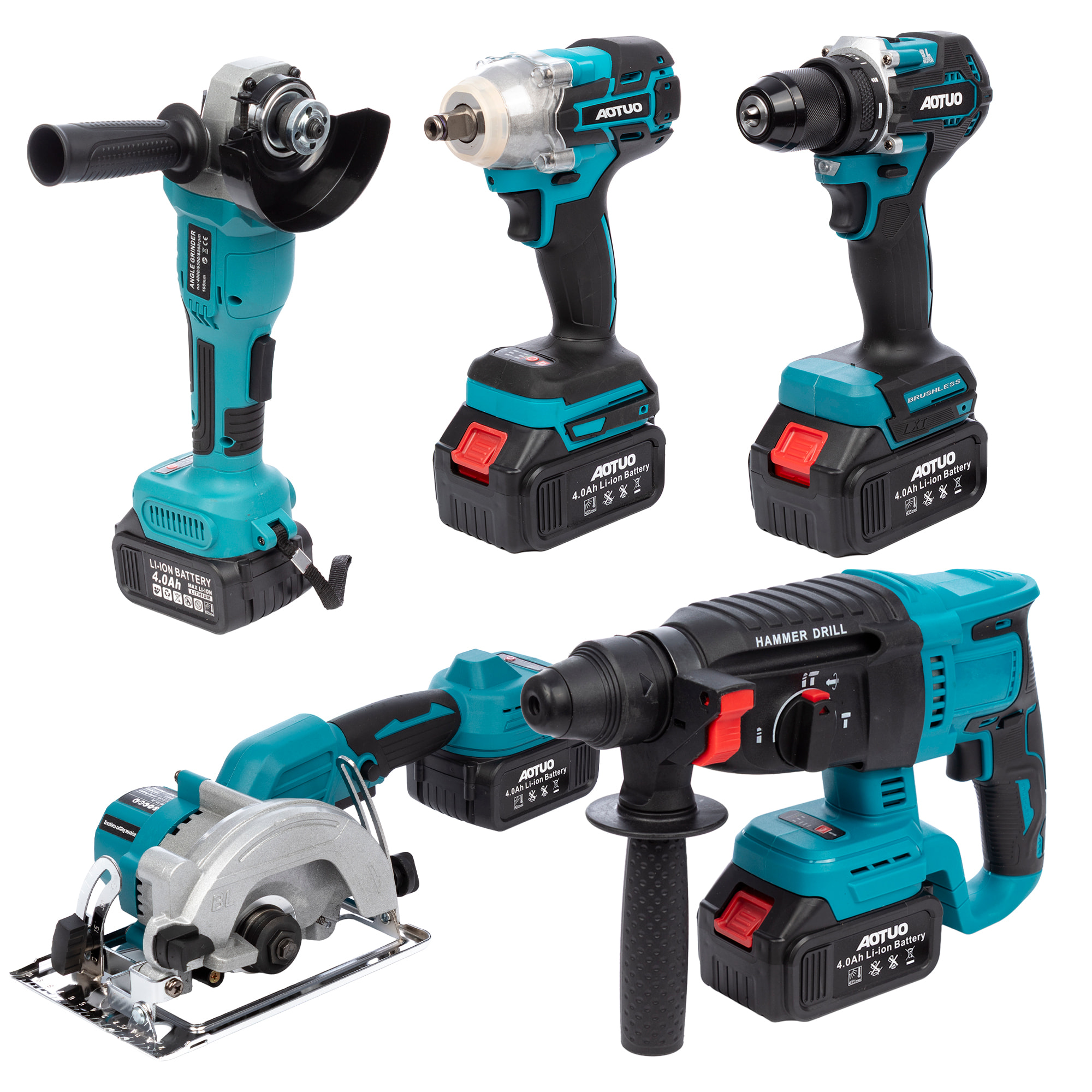 Set de 5 herramientas eléctricas, radial angular, martillo percutor, taladro, sierra de calar y llave de impacto 21V. Con dos baterías de 13000mAh.