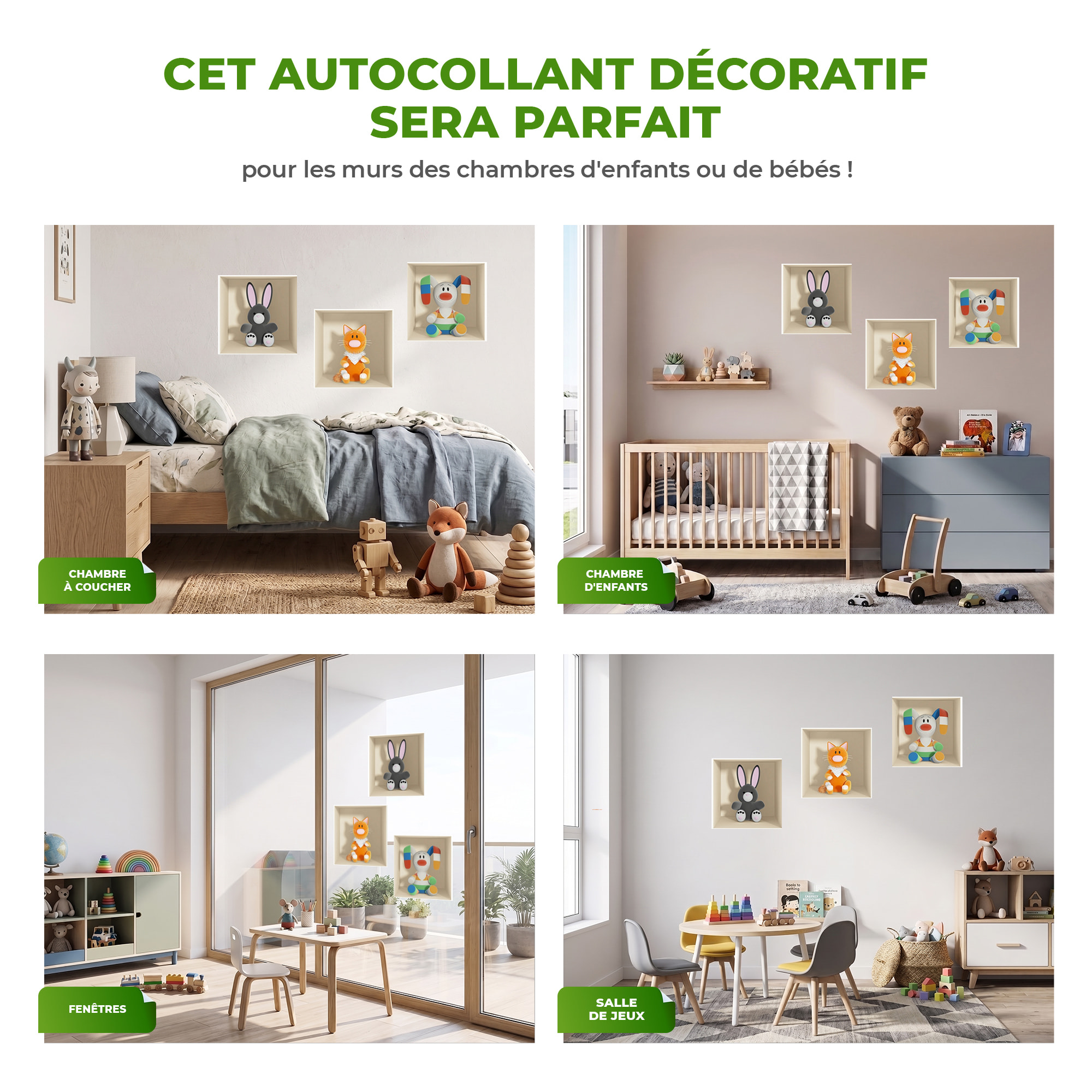 Stickers muraux 3D | Sticker Mural Autocollant effet 3D jouets Lapin gris, chat et lapin en couleur - Stickers adhésifs 3D Chambre Salon Trompe l'oeil