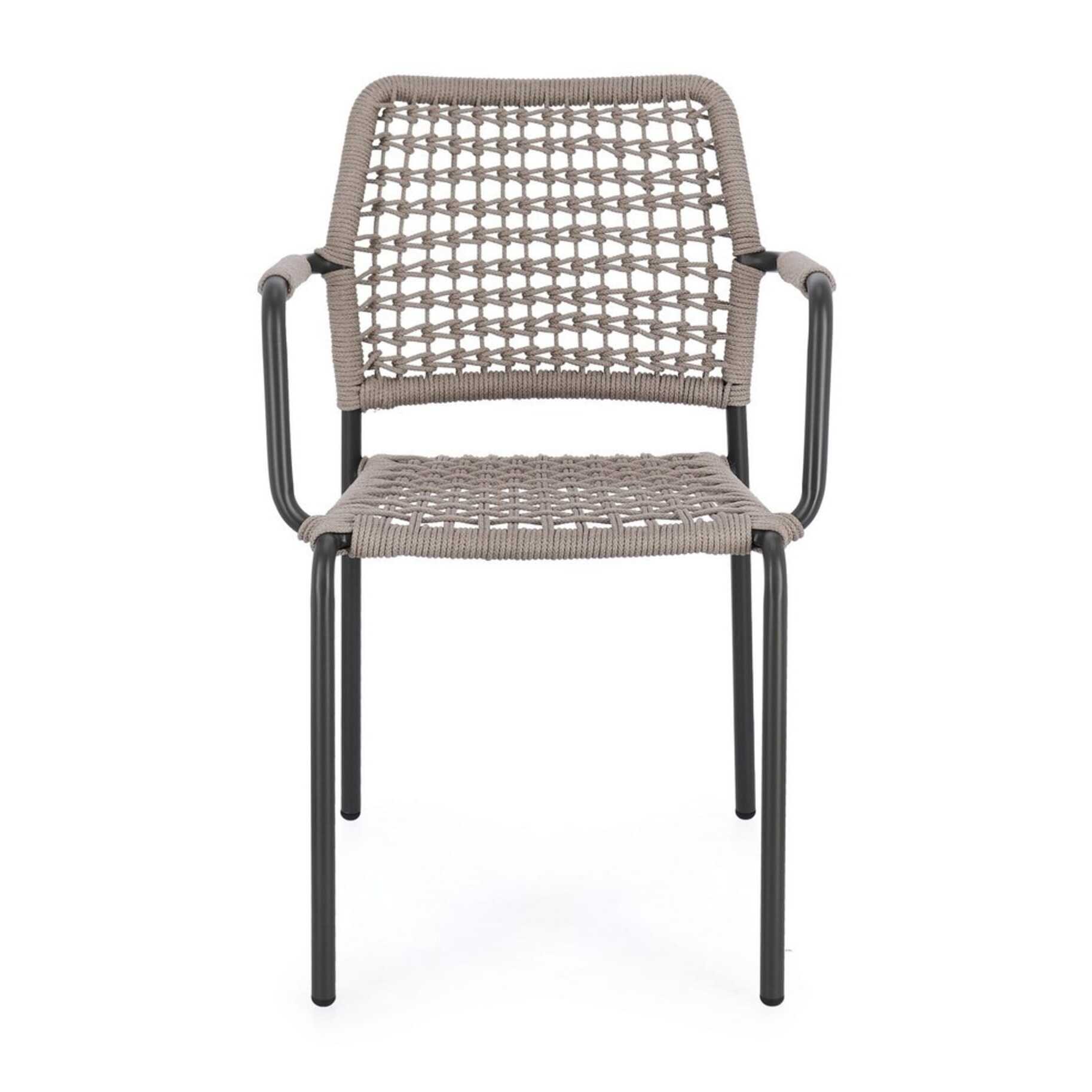 Set di 4 sedie con braccioli MIRANDA in alluminio antracite e corda beige, impilabili