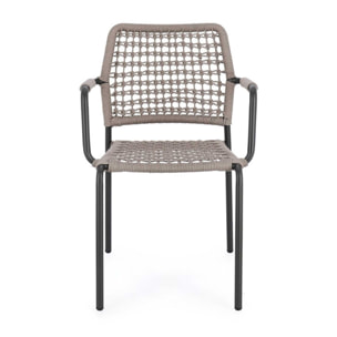 Set di 4 sedie con braccioli MIRANDA in alluminio antracite e corda beige, impilabili
