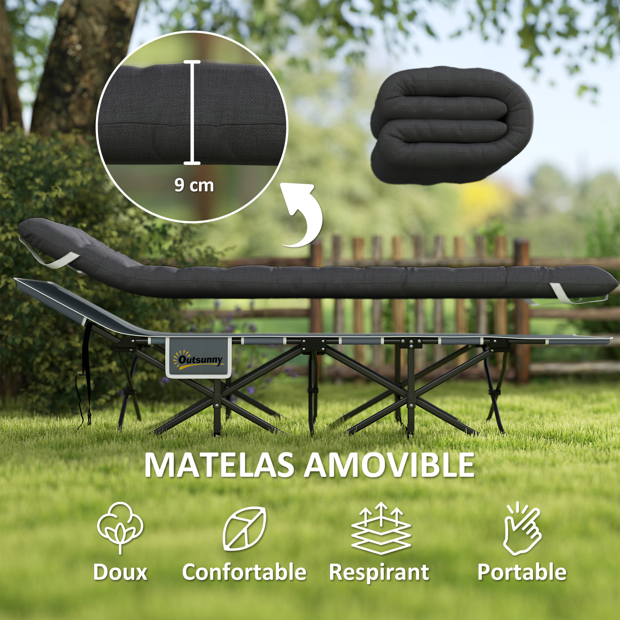 Lit de camp pliable avec matelas grand confort intégré - sac transport inclus - noir