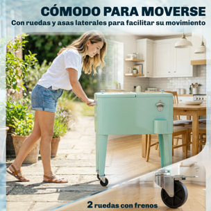 Carro de Bebidas Refrigerado 56L con Ruedas, Carro Nevera con Abrebotellas, Recogetapas y Asa, para Patio, Fiesta, Terraza, 75x35x78 cm, Verde Claro