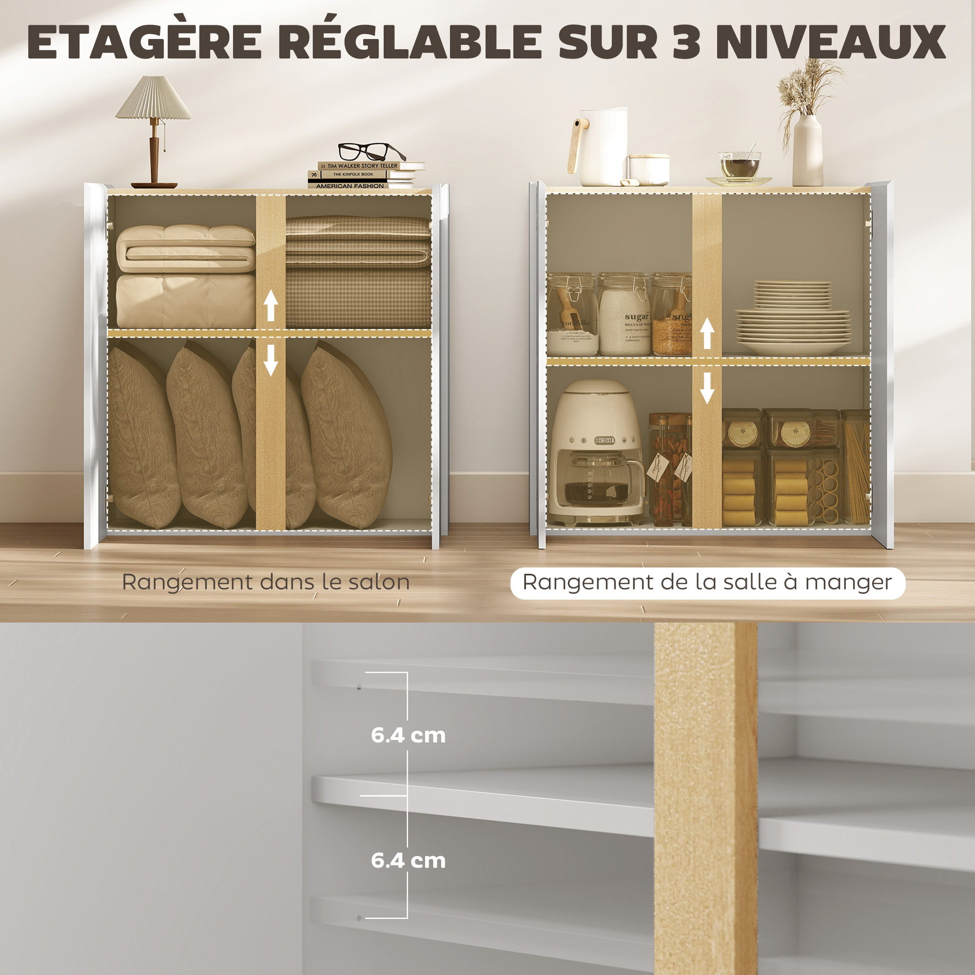 Buffet blanc laqué, meuble de rangement avec 2 portes et étagère réglable, 80 x 40 x 80 cm, blanc