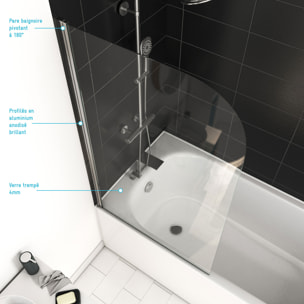 PARE BAIGNOIRE PIVOTANT 130x75cm PROFILE ALUMINIUM CHROME - VELA CHROME
