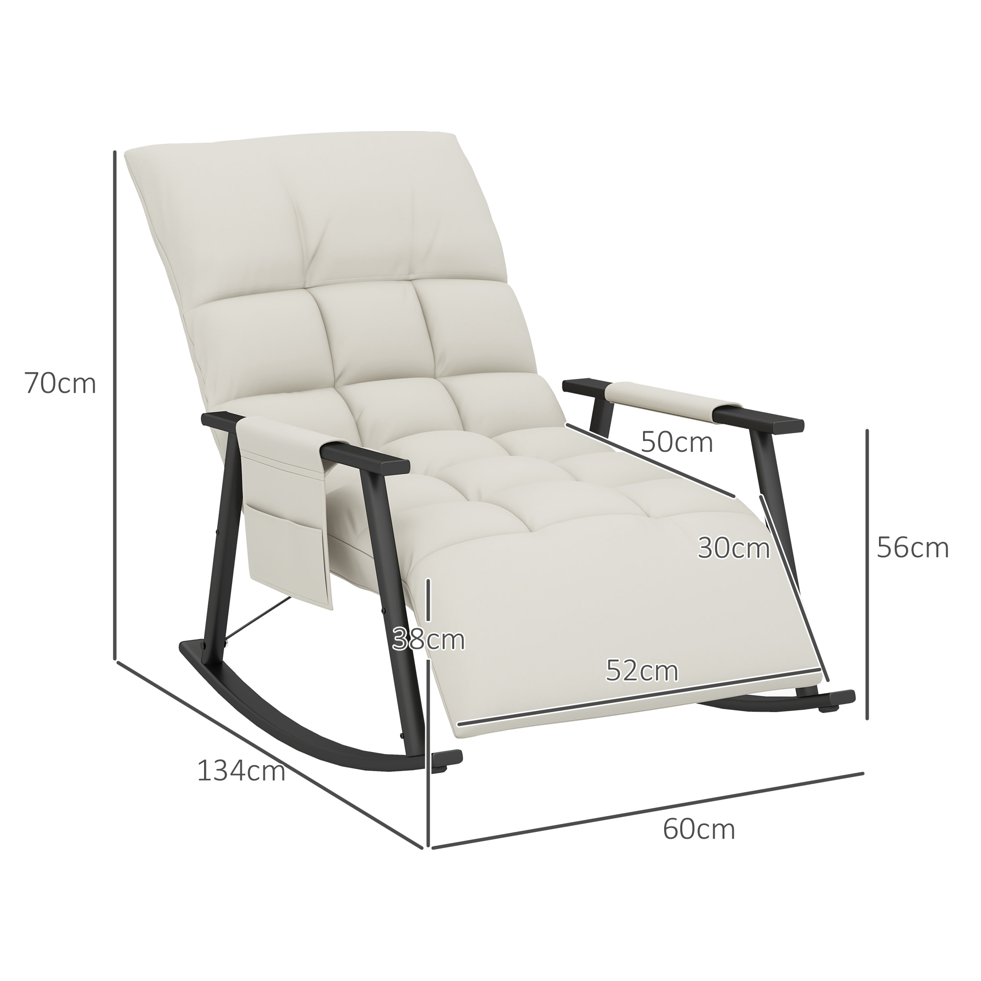 Silla Mecedora con Respaldo y Reposapiés Ajustables Mecedora de Salón Sillón Balancín Tapizado en Microfibra con Bolsillo para Dormitorio 60x134x70 cm Crema