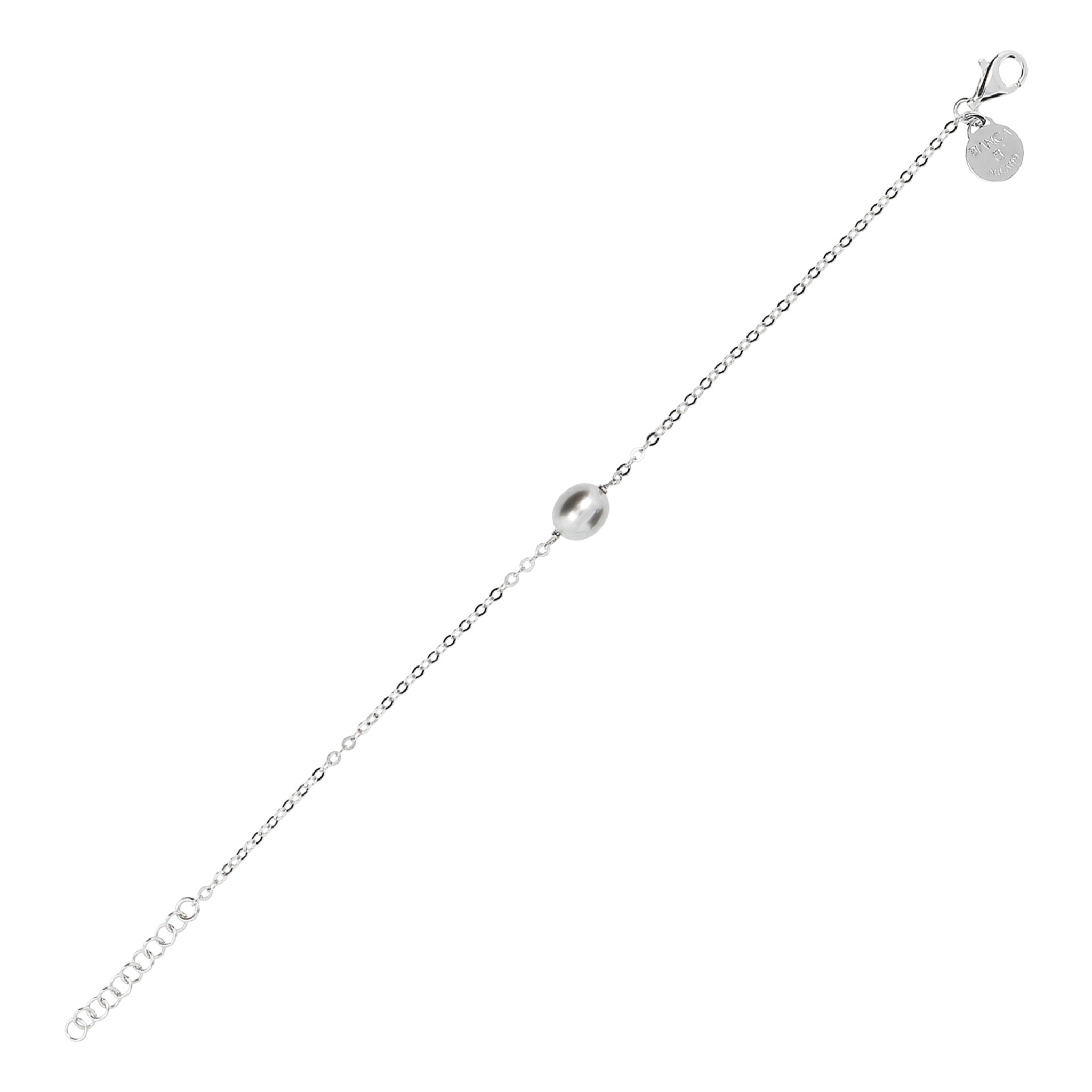 PERLAVIVA - Bracciale Catena Rolo in Argento 925 placcato Platino con Perla d'Acqua Dolce Grigia Ø 7/8 mm