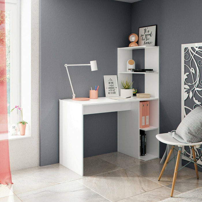 Scrivania Abba, Scrittoio lineare con libreria, Tavolo ufficio multiuso salvaspazio, 110x52h136 cm, Bianco