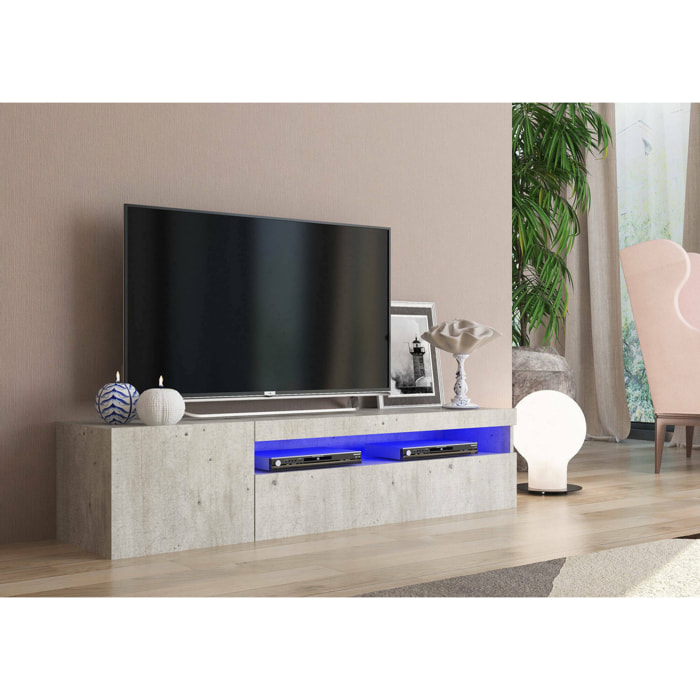 Mobile porta TV Ardy, Credenza bassa da soggiorno a 2 ante, Base porta televisione, 100% Made in Italy, cm 150x40h37, Cemento, con luce LED