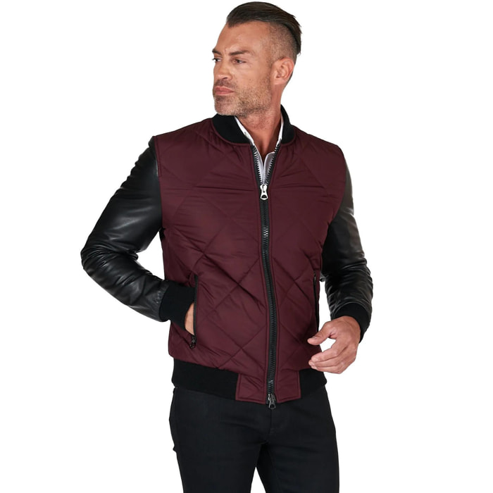 Bomber piumino in pelle nera e tessuto bordeaux