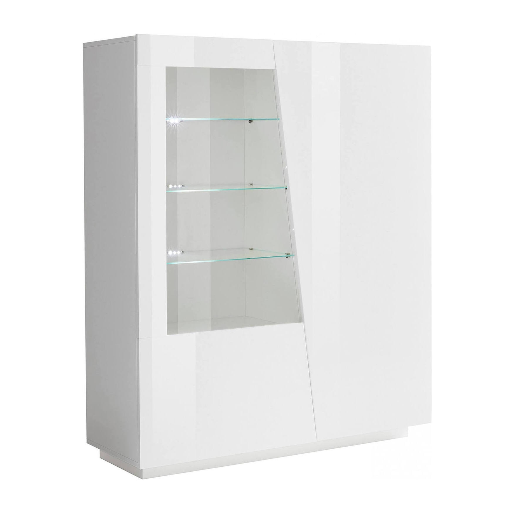 Vetrina Ask, Credenza con anta a vetro, Mobile da soggiorno multiuso con luce LED, 100% Made in Italy, cm 120x43h146, Bianco lucido