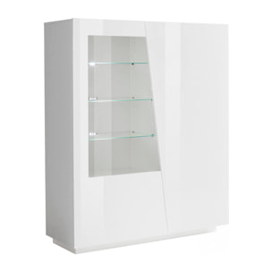 Vetrina Ask, Credenza con anta a vetro, Mobile da soggiorno multiuso con luce LED, 100% Made in Italy, cm 120x43h146, Bianco lucido