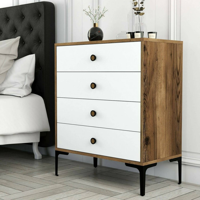 Cassettiera Molly, Settimino multiuso, Comò camera da letto, Mobile con cassetti, 76x40h91 cm, Noce e Bianco