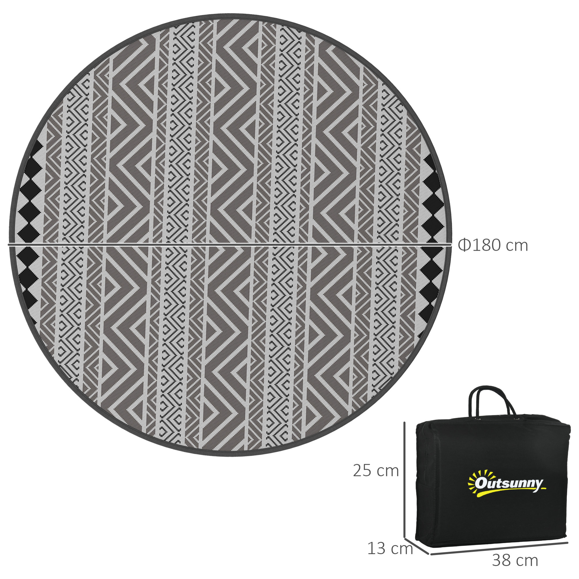 Tapis d'extérieur réversible imperméable Ø 180 cm sac de transport PP multicolore