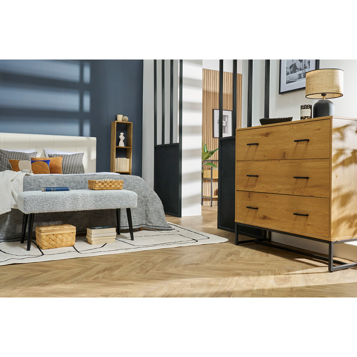 Commode 3 tiroirs finition bois clair chêne et métal noir L100 cm LOVATO
