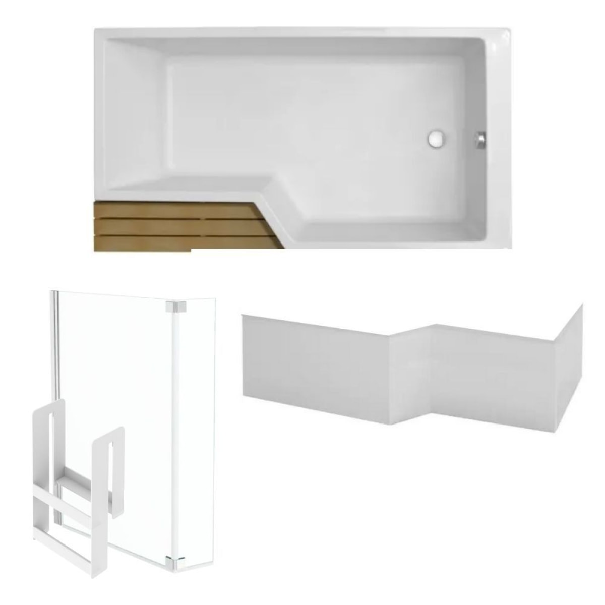 Pack baignoire bain douche antidérapante 150 x 80 Neo blanc mat - v.droite + pare bain chromé + tablier