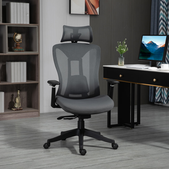 Vinsetto Silla de Oficina de Malla Silla de Escritorio Reclinable con Reposacabezas Ajustable Soporte Lumbar y Reposabrazos 3D Carga 150 kg 70x66x120-128 cm Gris