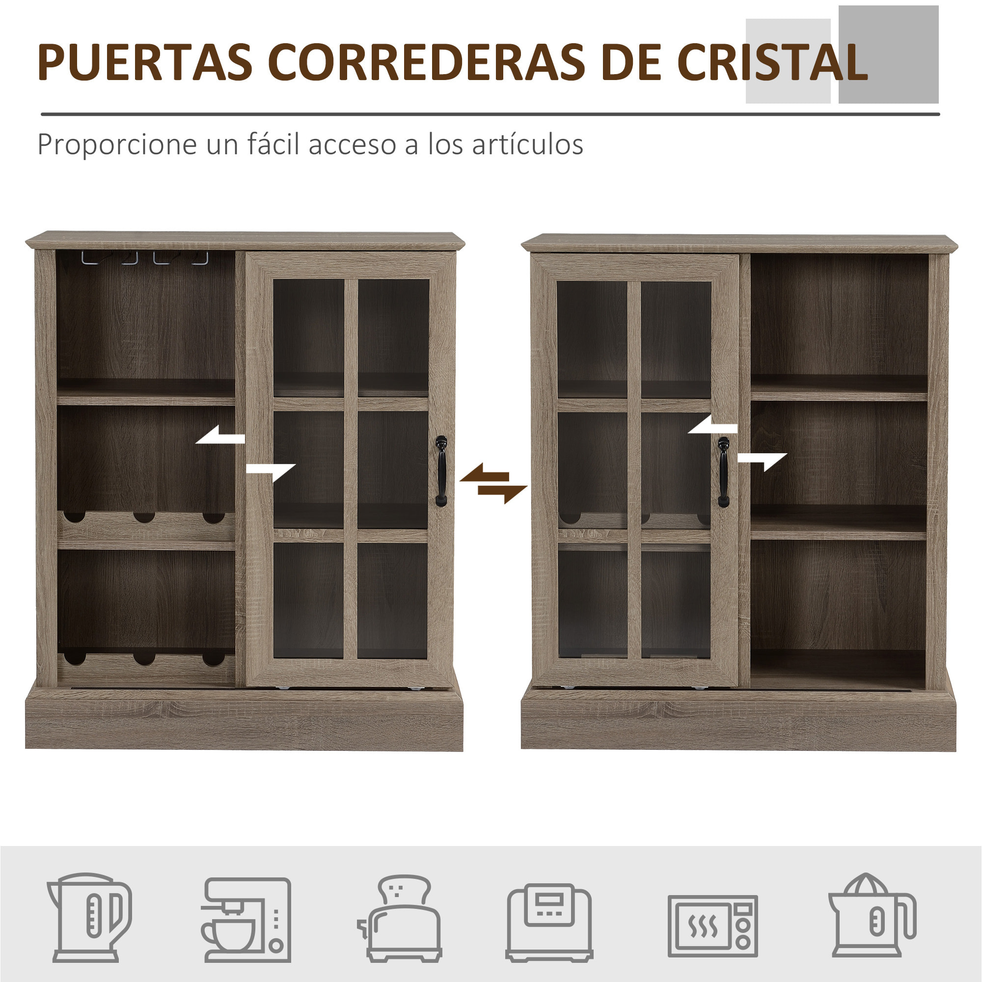 Aparador de Cocina Moderno con Puerta de Vidrio Soporte para 6 Copas Botellero para 6 Botellas y 3 Estantes Mueble Auxiliar de Almacenaje para Comedor Salón 79x39x92 cm Café