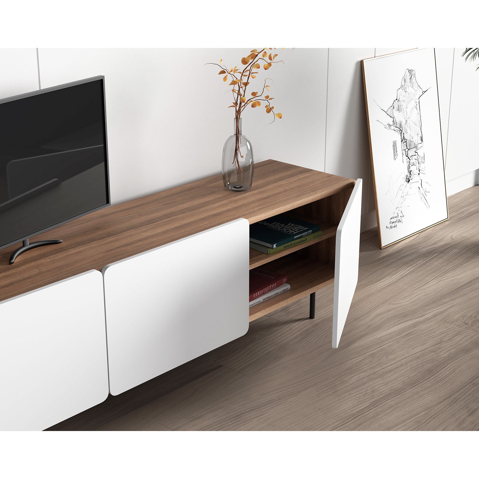 Bajo tv 3 puertas Biscuit nogal-blanco 54x180x44 cm