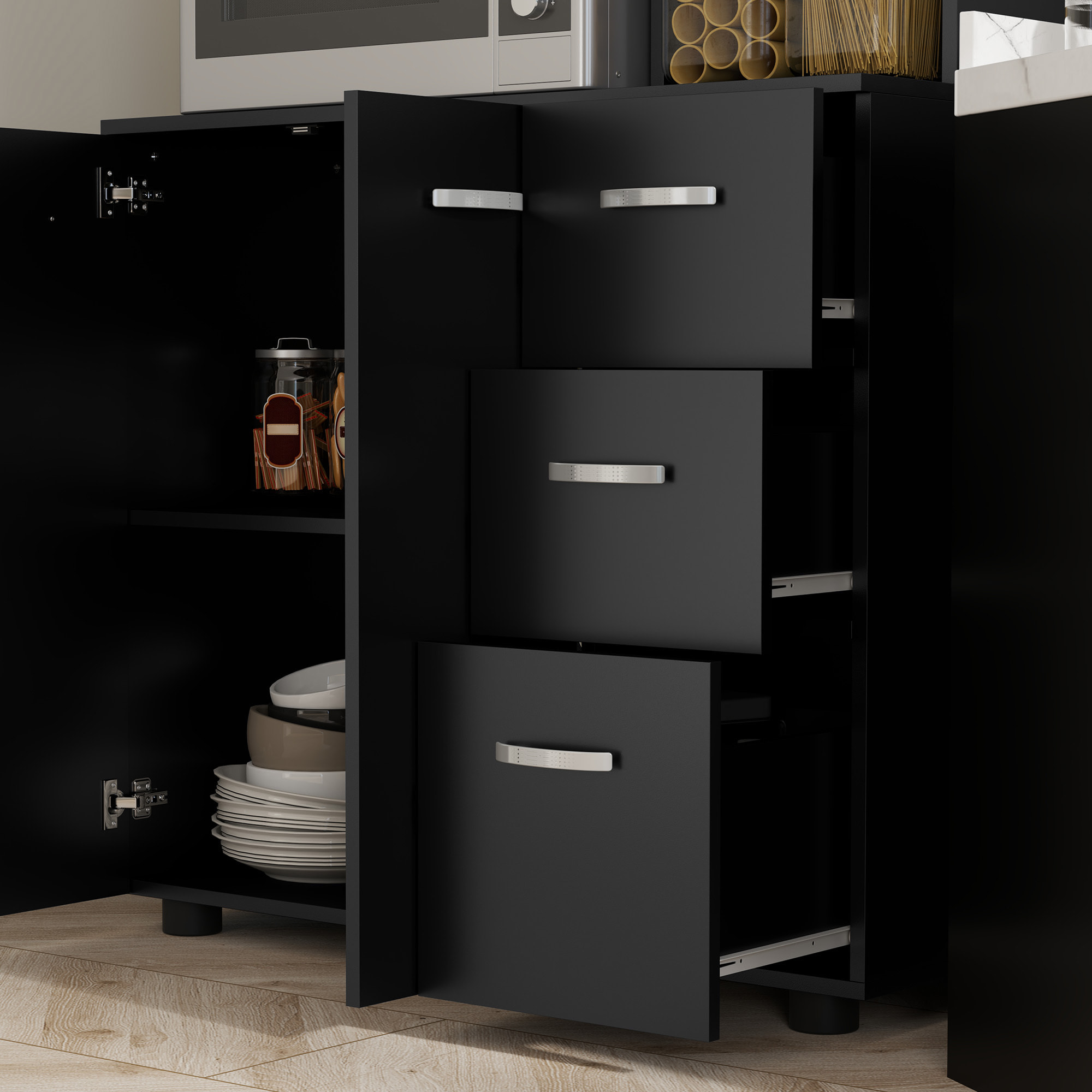 Buffet haut 4 portes 3 tiroirs 2 étagères 2 niches 89L x 39,5l x 168H cm noir