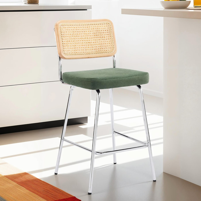 Lot de 2 chaises de bar en cannage et velours côtelé, piètement chromé - MUSE