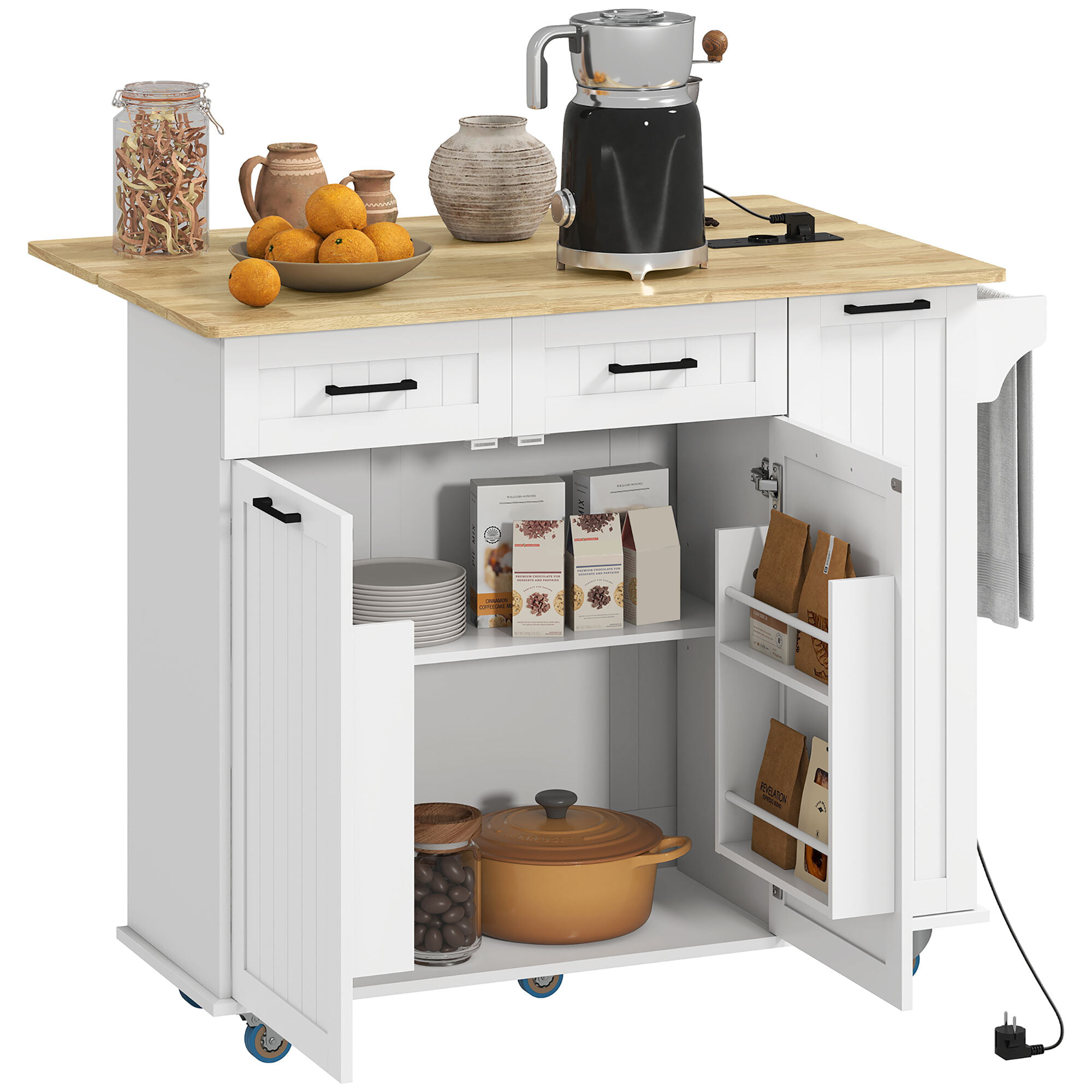 Isla de Cocina con Ruedas Carro de Cocina con Toma de Corriente USB Tablero Plegable 2 Cajones 2 Puertas Estante Ajustable Especiero y Toallero 119,5x74x94,5 cm Blanco