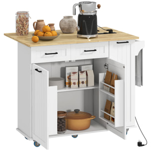 Isla de Cocina con Ruedas Carro de Cocina con Toma de Corriente USB Tablero Plegable 2 Cajones 2 Puertas Estante Ajustable Especiero y Toallero 119,5x74x94,5 cm Blanco