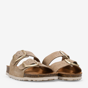 Sandalias planas arena en piel con doble hebilla