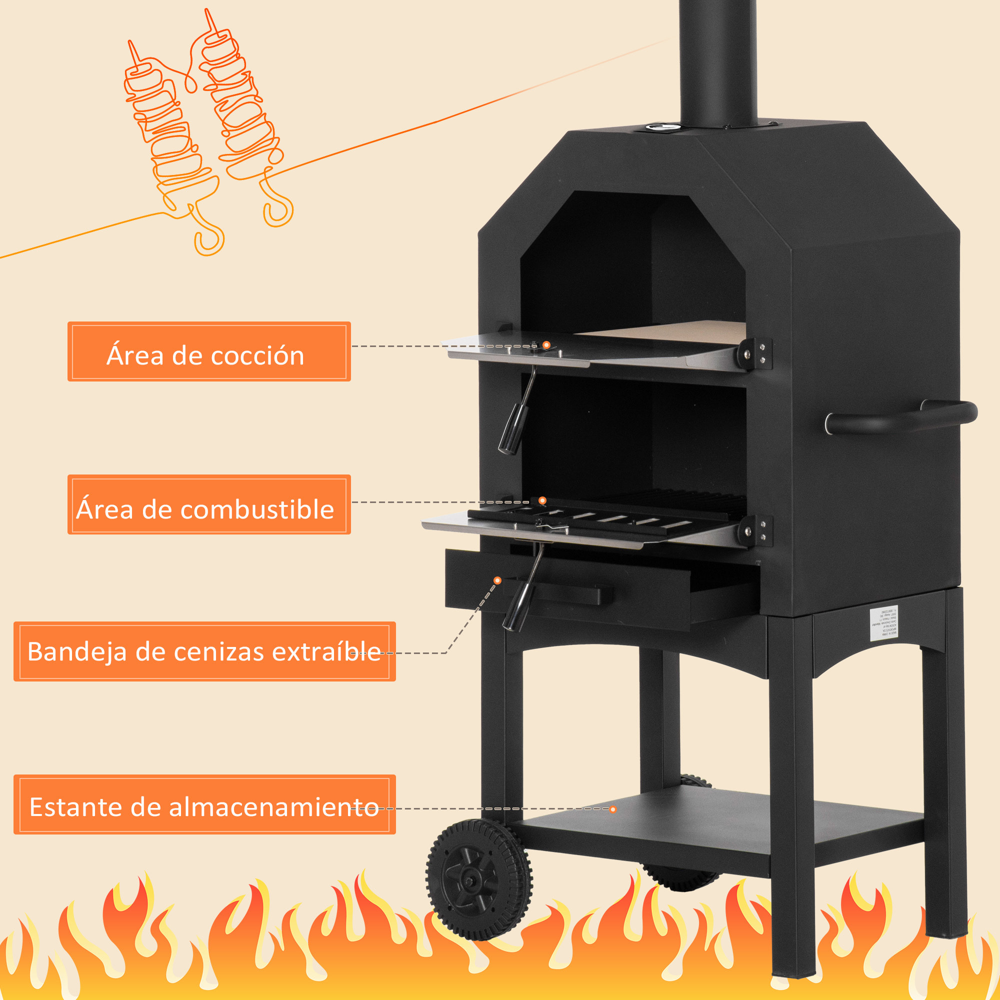 Outsunny Horno de Pizza Exterior con 2 Capas Horno de Leña con Ruedas Cajón Extraíble Estante de Almacenamiento para Terraza Camping Patio 64x54x160 cm Negro