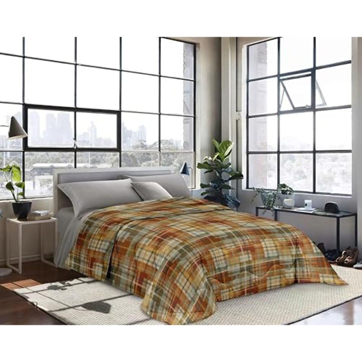 INTRECCI Piumino 1 Piazza e Mezza, 220x260cm, Piumino Ecologico, Caldo, Invernale, 410 g/m², Anallergico e Antiacaro, Made in Italy, Lavabile in Lavatrice, Soffice, Morbido. Fantasia: Scozzese arancio