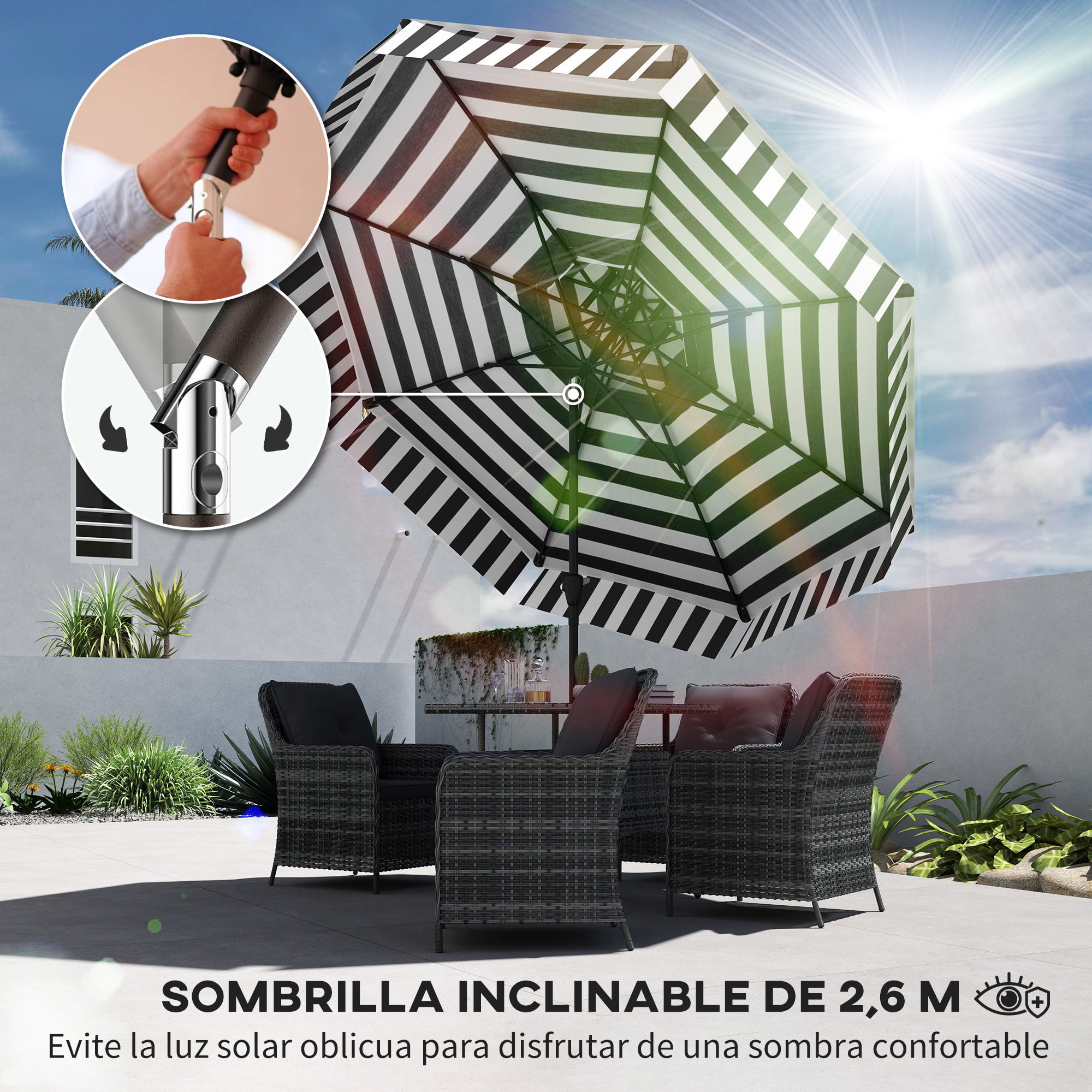 Sombrilla Terraza Exterior Ø263 cm Sombrilla de Jardín con Ángulo Ajustable y Manivela Protección UV30+ Parasol para Patio Terraza Negro y Blanco