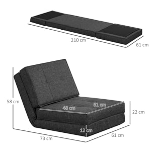 Chauffeuse - matelas d'appoint pliant - fauteuil convertible - inclinaison dossier réglable 5 positions - tissu polyester aspect lin gris