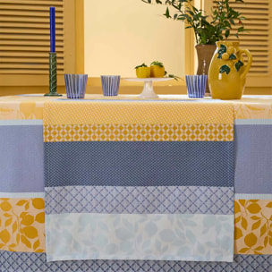 Chemin de table pur coton 220 g/m² motif jacquard bleu jaune Mille citrons provence